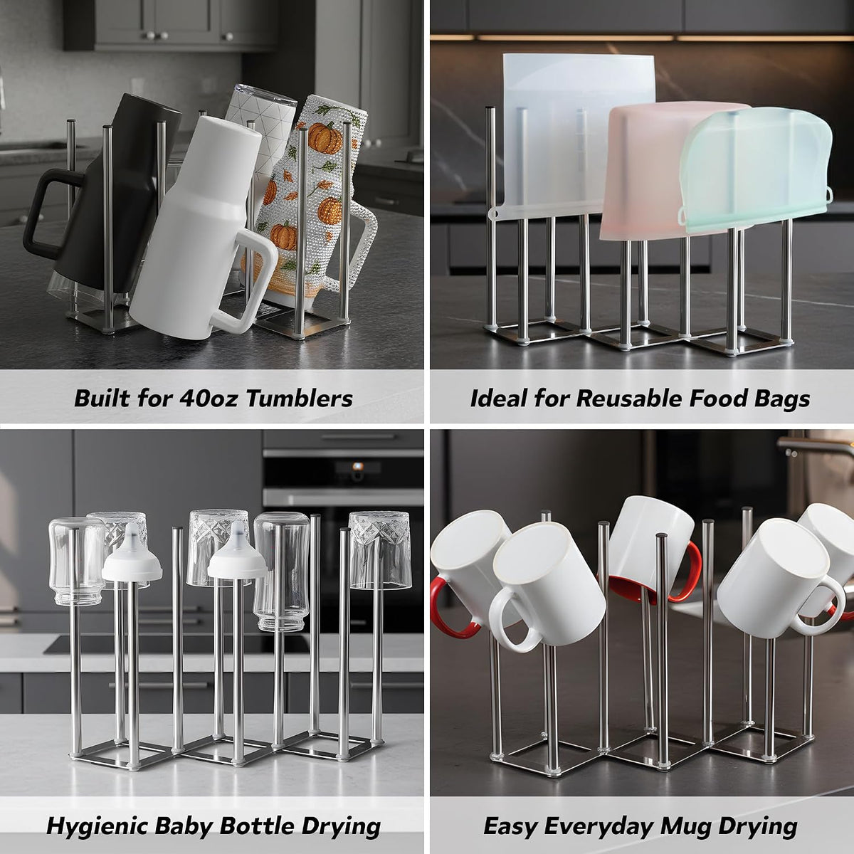 Water Bottle Drying Rack, Cup Drying Rack for Counter, Stainless Steel Tumbler Dryer Stand, Space-Saving Mug & Glass Drying Rack, Heavy-Duty Holder for Cups & Water Bottles (Silver – 10 Pegs)