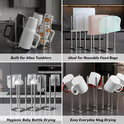 Water Bottle Drying Rack, Cup Drying Rack for Counter, Stainless Steel Tumbler Dryer Stand, Space-Saving Mug & Glass Drying Rack, Heavy-Duty Holder for Cups & Water Bottles (Silver – 10 Pegs)