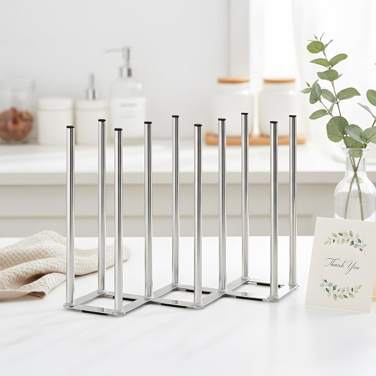 Water Bottle Drying Rack, Cup Drying Rack for Counter, Stainless Steel Tumbler Dryer Stand, Space-Saving Mug & Glass Drying Rack, Heavy-Duty Holder for Cups & Water Bottles (Silver – 10 Pegs)