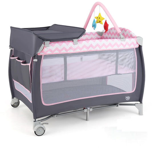 4 in 1 Pack and Play, Portable Baby Playard with Bassinet, Side Zipper Door, Changing Table, Indoor Outdoor Travel Baby Center w/Hanging Bar, Lockable Wheels, Carry Bag