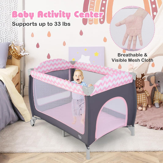 4 in 1 Pack and Play, Portable Baby Playard with Bassinet, Side Zipper Door, Changing Table, Indoor Outdoor Travel Baby Center w/Hanging Bar, Lockable Wheels, Carry Bag