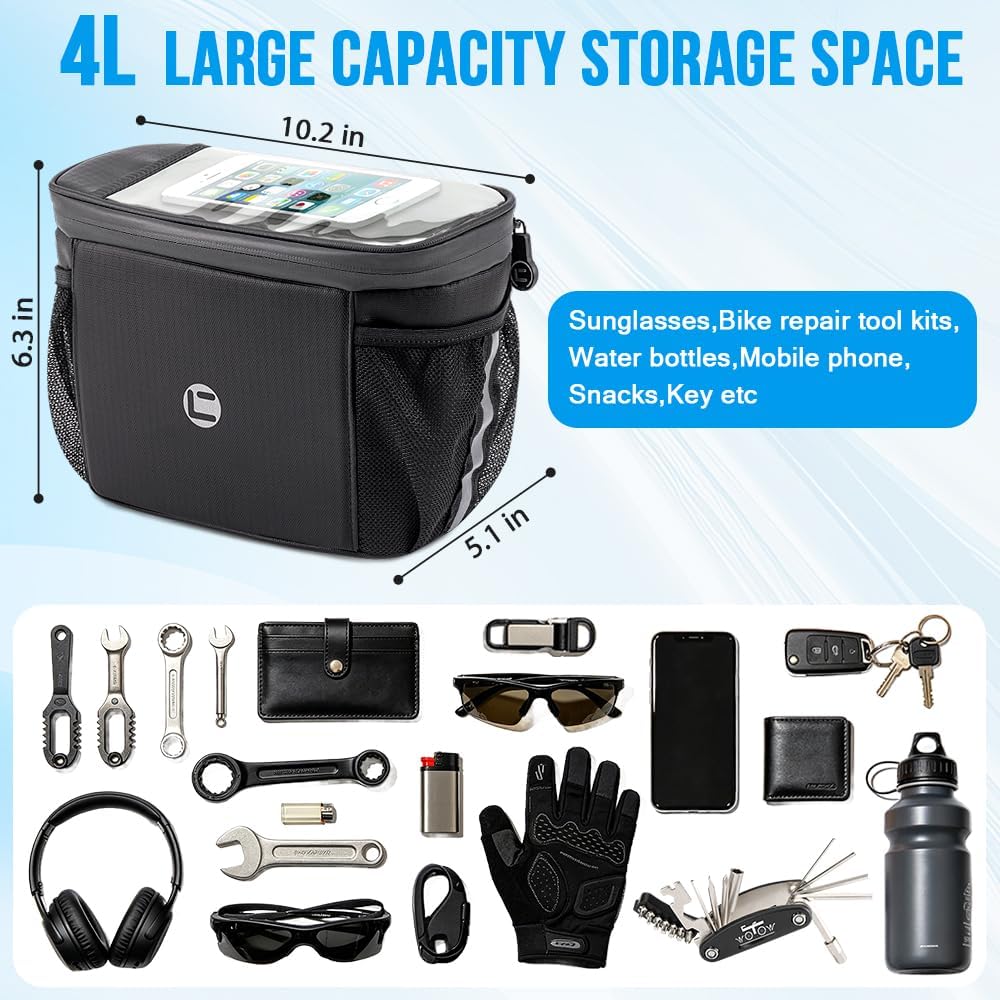 Bike Handlebar Insulated Bag, Front Phone Touchscreen Bicycle Cooler