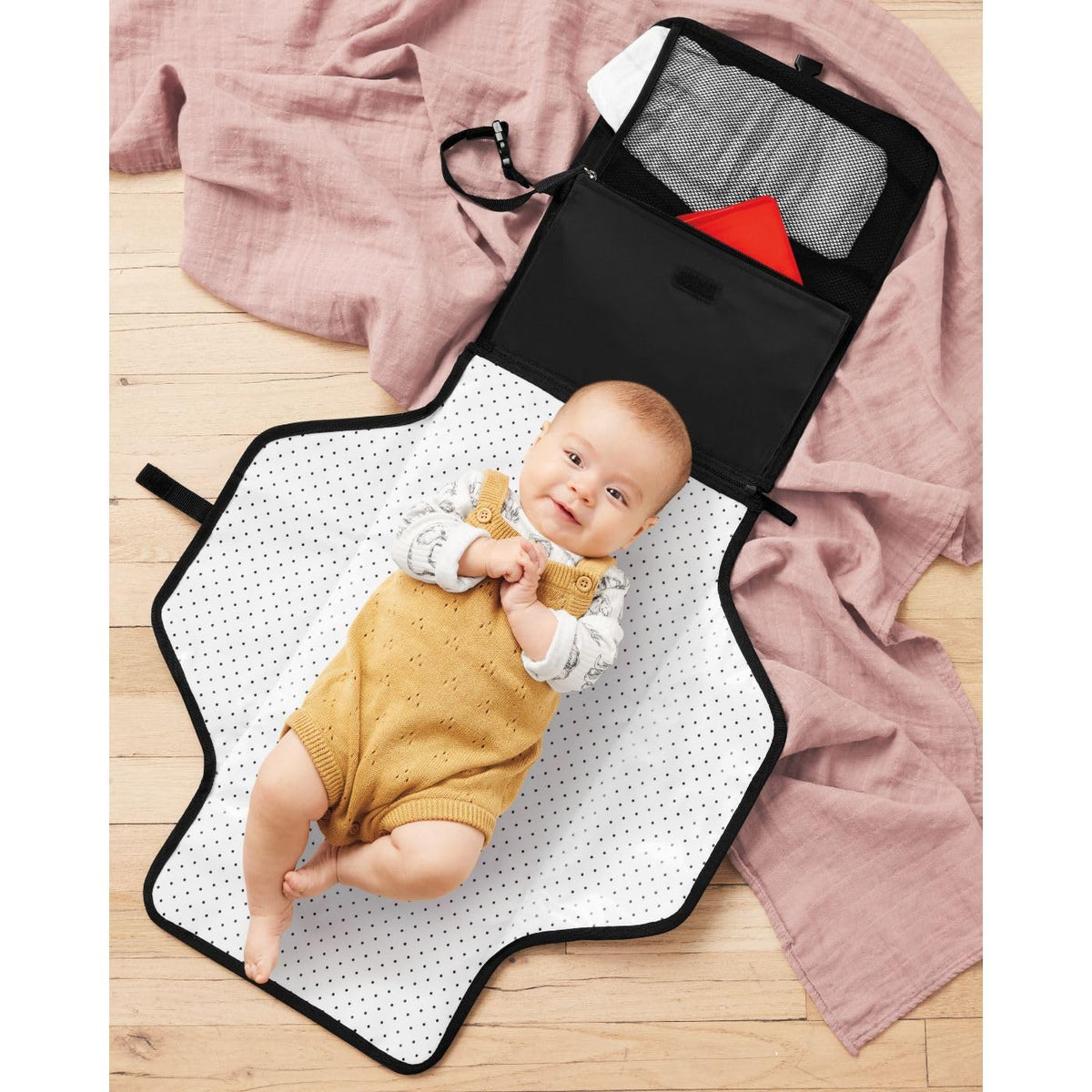 Pronto Signature Portable Changing Mat, Cushioned Diaper Changing Pad with Built-in Pillow, Black Stripe