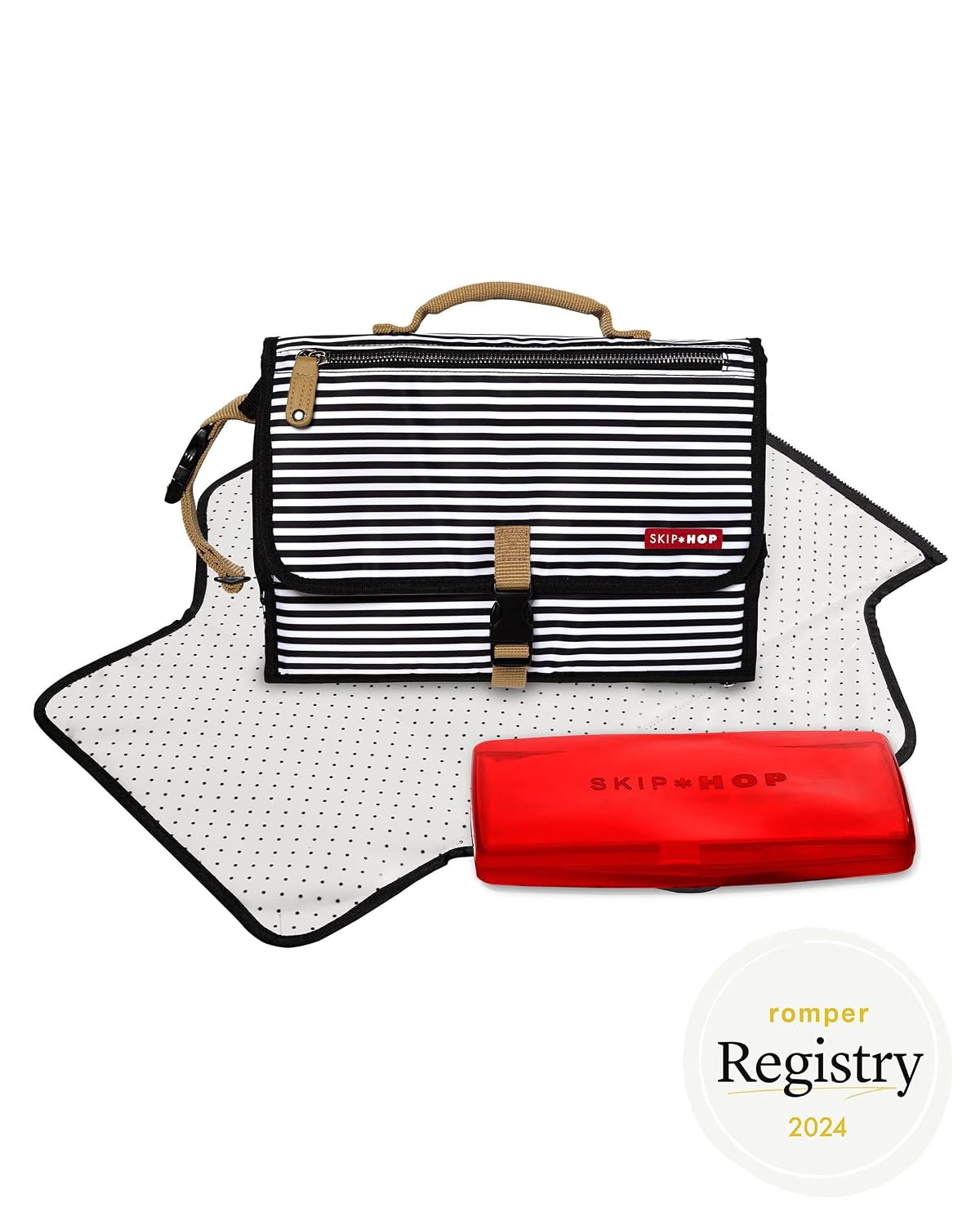 Pronto Signature Portable Changing Mat, Cushioned Diaper Changing Pad with Built-in Pillow, Black Stripe