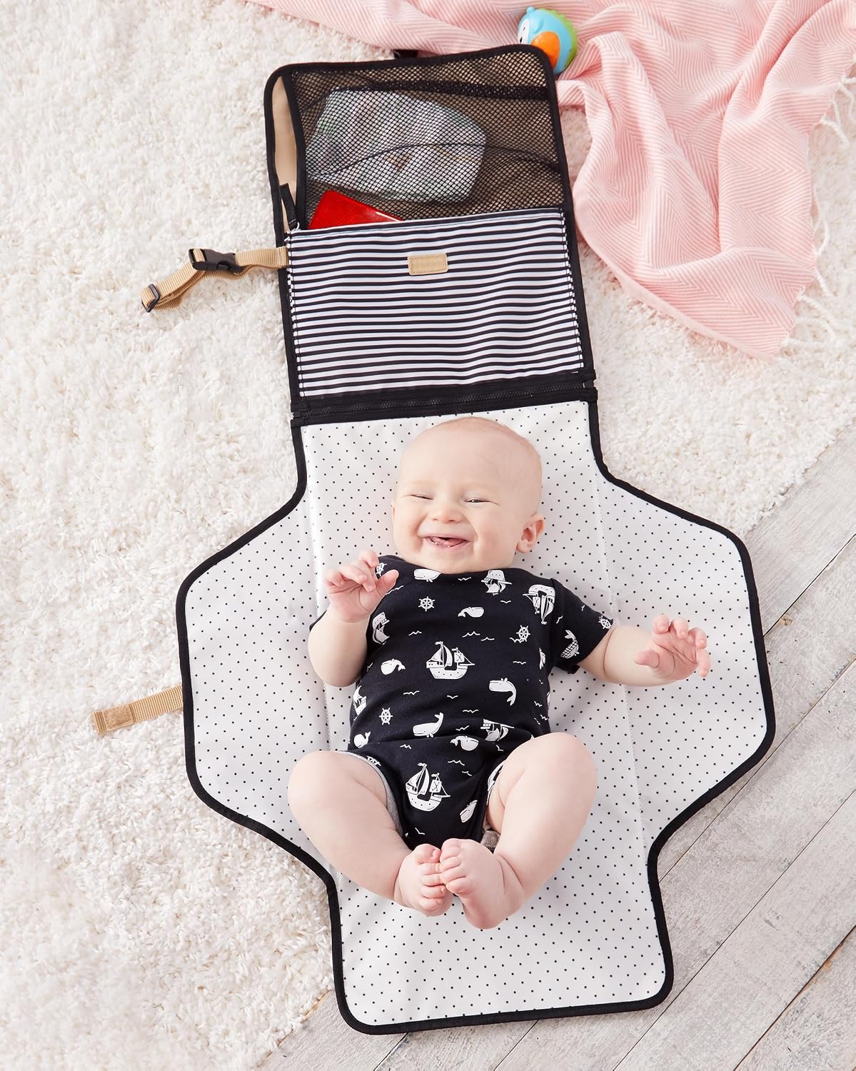 Pronto Signature Portable Changing Mat, Cushioned Diaper Changing Pad with Built-in Pillow, Black Stripe