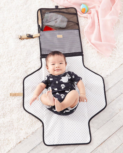 Pronto Signature Portable Changing Mat, Cushioned Diaper Changing Pad with Built-in Pillow, Black Stripe