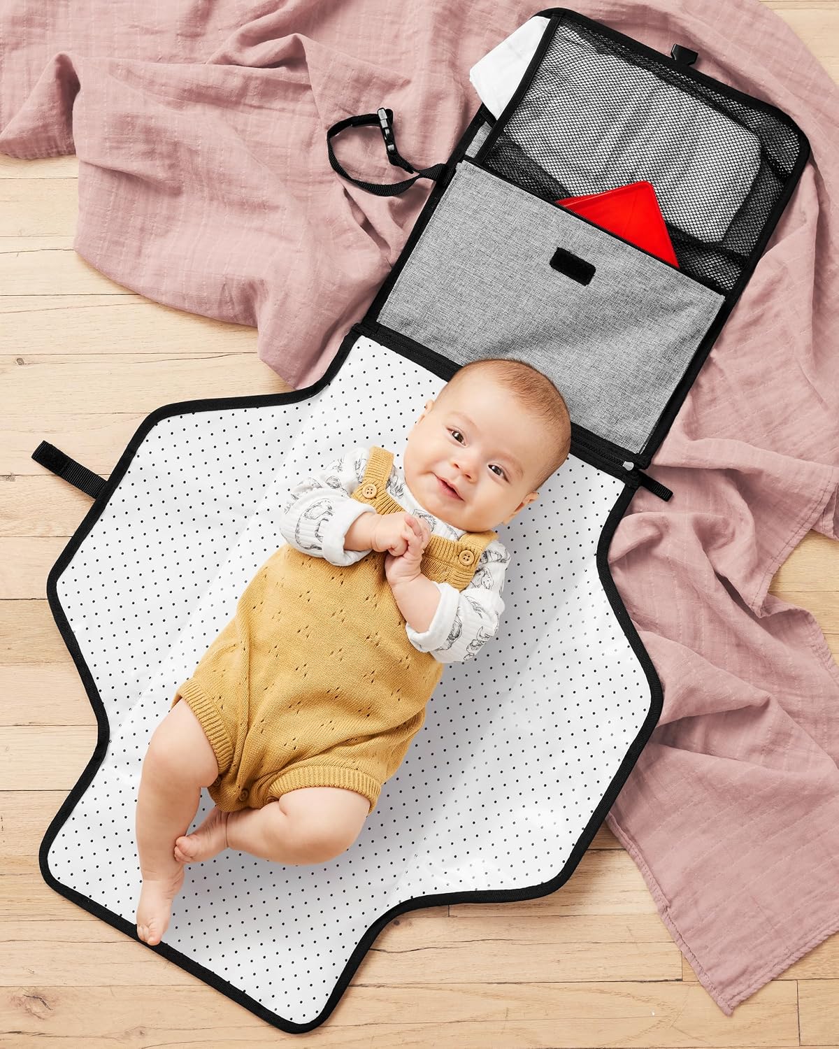 Pronto Signature Portable Changing Mat, Cushioned Diaper Changing Pad with Built-in Pillow, Black Stripe