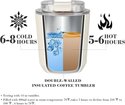 14 oz Insulated Stainless Steel Tumblers with Lid | Travel Coffee Mug Vacuum Cup, Leak Proof Reusable Double Walled Coffee Tumbler for Iced and Hot Drinks, Cream