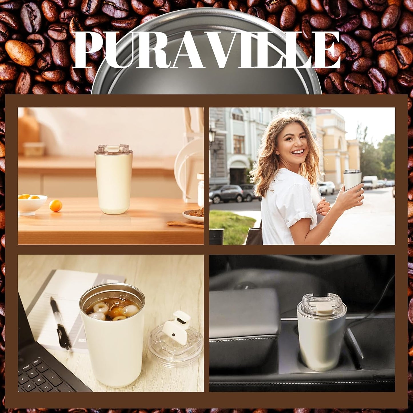 14 oz Insulated Stainless Steel Tumblers with Lid | Travel Coffee Mug Vacuum Cup, Leak Proof Reusable Double Walled Coffee Tumbler for Iced and Hot Drinks, Cream