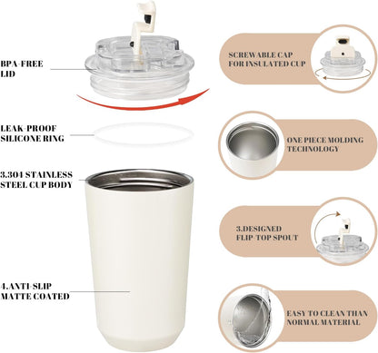 14 oz Insulated Stainless Steel Tumblers with Lid | Travel Coffee Mug Vacuum Cup, Leak Proof Reusable Double Walled Coffee Tumbler for Iced and Hot Drinks, Cream