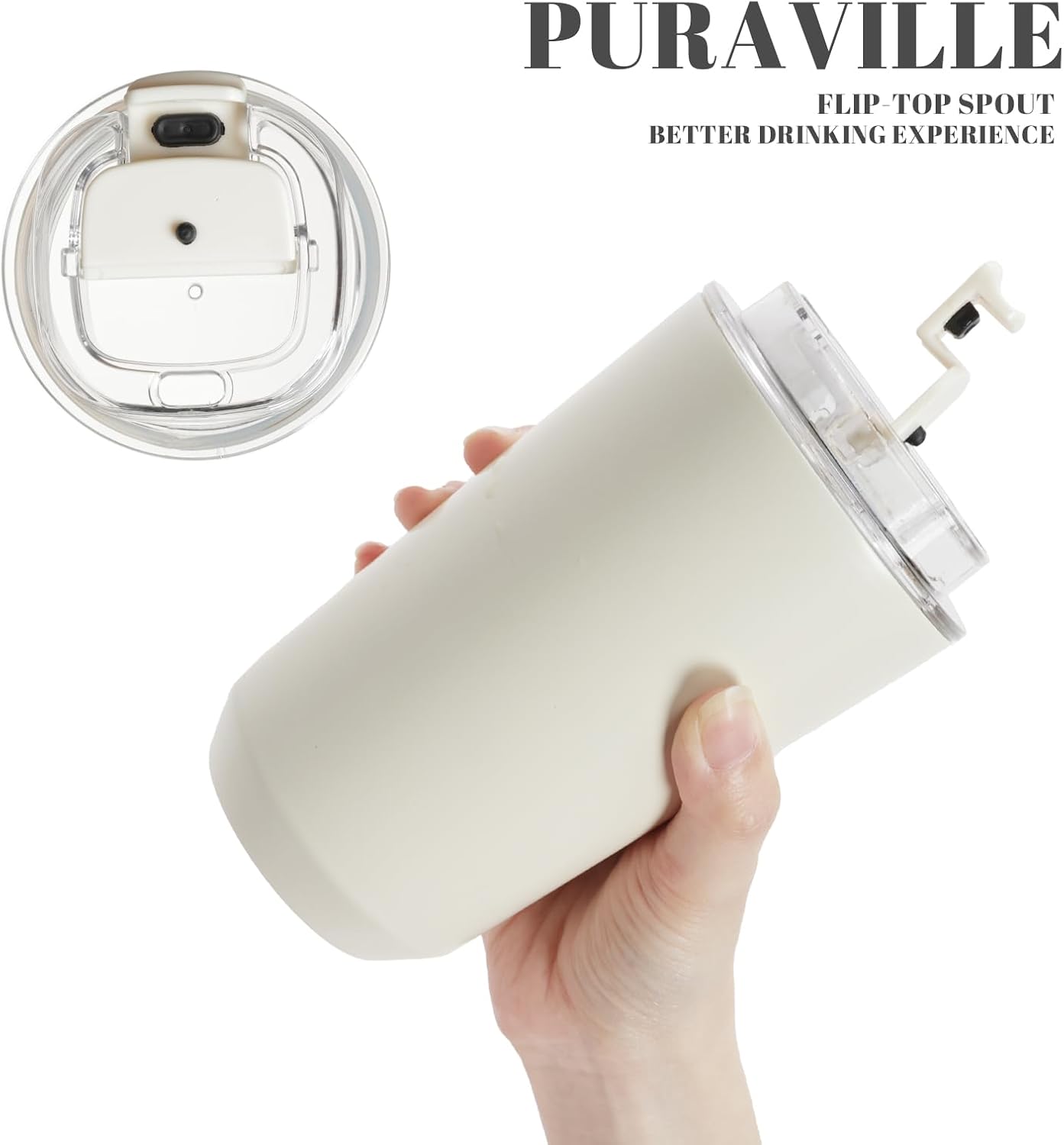 14 oz Insulated Stainless Steel Tumblers with Lid | Travel Coffee Mug Vacuum Cup, Leak Proof Reusable Double Walled Coffee Tumbler for Iced and Hot Drinks, Cream