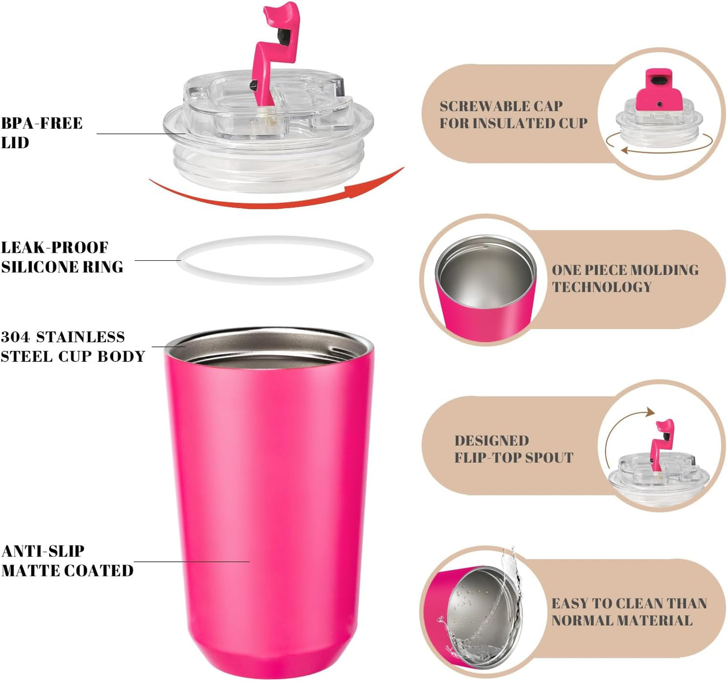 14 oz Insulated Stainless Steel Tumblers with Lid | Travel Coffee Mug Vacuum Cup, Leak Proof Reusable Double Walled Coffee Tumbler for Iced and Hot Drinks, Cream