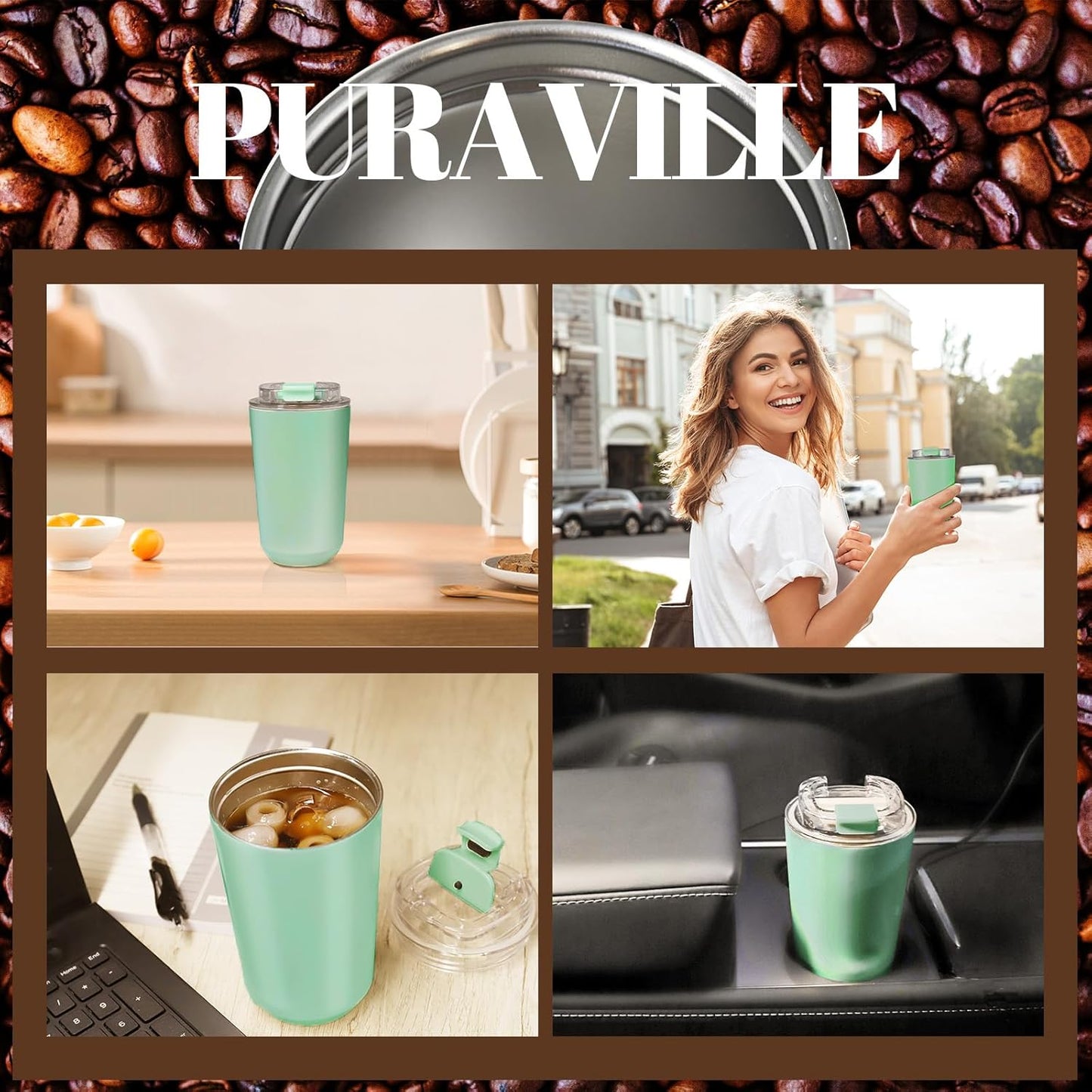 14 oz Insulated Stainless Steel Tumblers with Lid | Travel Coffee Mug Vacuum Cup, Leak Proof Reusable Double Walled Coffee Tumbler for Iced and Hot Drinks, Cream