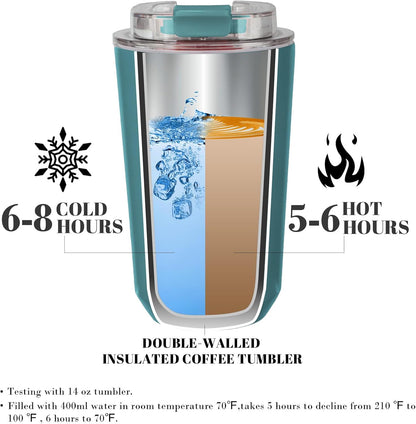 14 oz Insulated Stainless Steel Tumblers with Lid | Travel Coffee Mug Vacuum Cup, Leak Proof Reusable Double Walled Coffee Tumbler for Iced and Hot Drinks, Cream