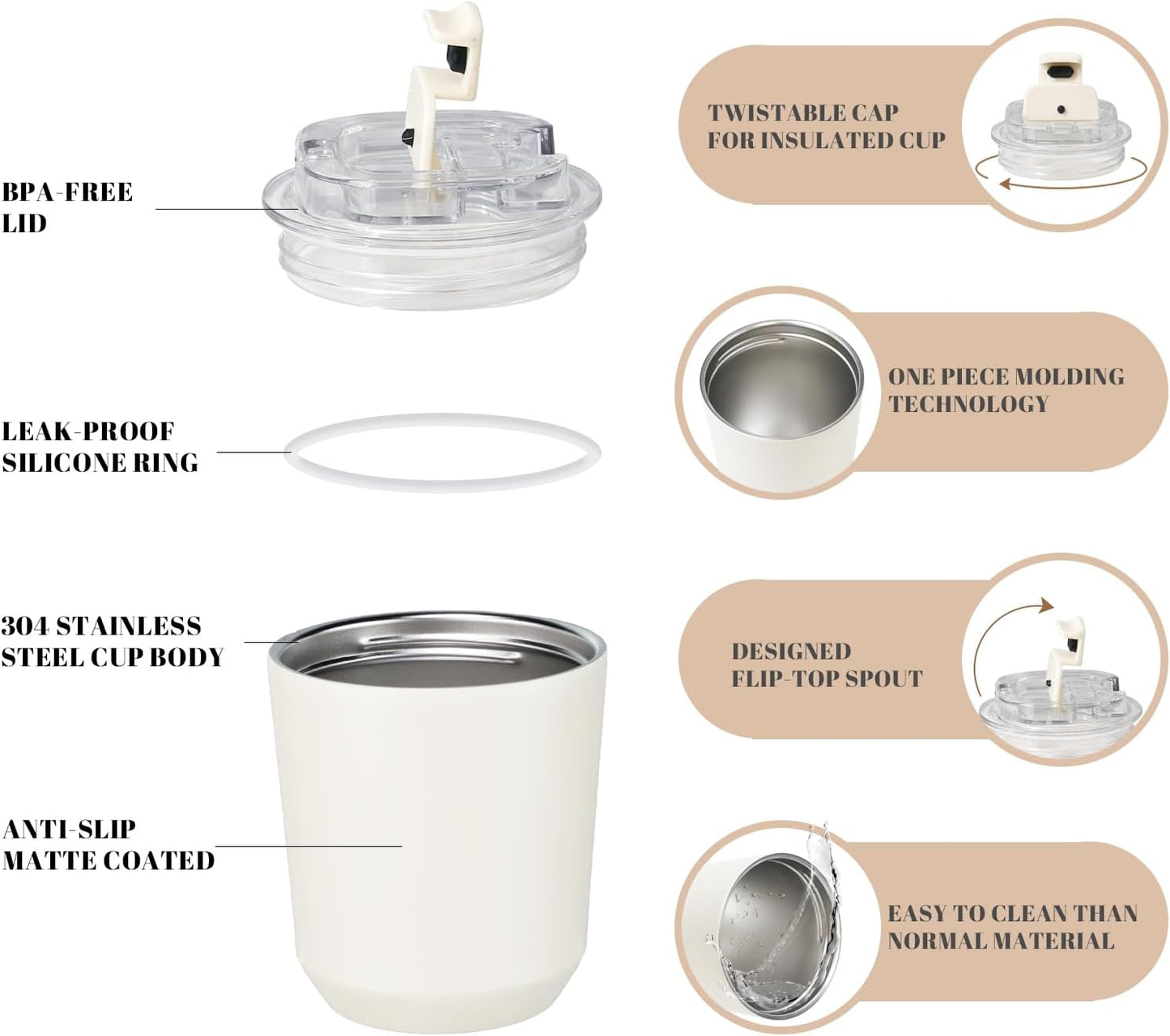 14 oz Insulated Stainless Steel Tumblers with Lid | Travel Coffee Mug Vacuum Cup, Leak Proof Reusable Double Walled Coffee Tumbler for Iced and Hot Drinks, Cream