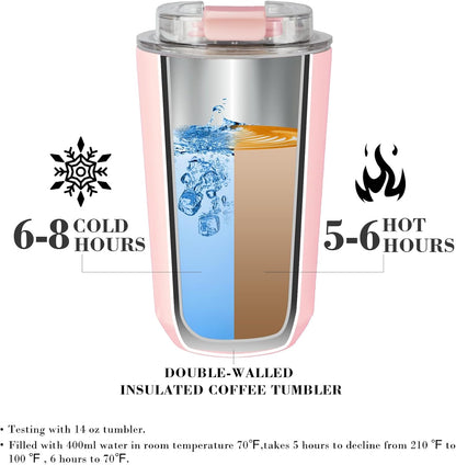 14 oz Insulated Stainless Steel Tumblers with Lid | Travel Coffee Mug Vacuum Cup, Leak Proof Reusable Double Walled Coffee Tumbler for Iced and Hot Drinks, Cream