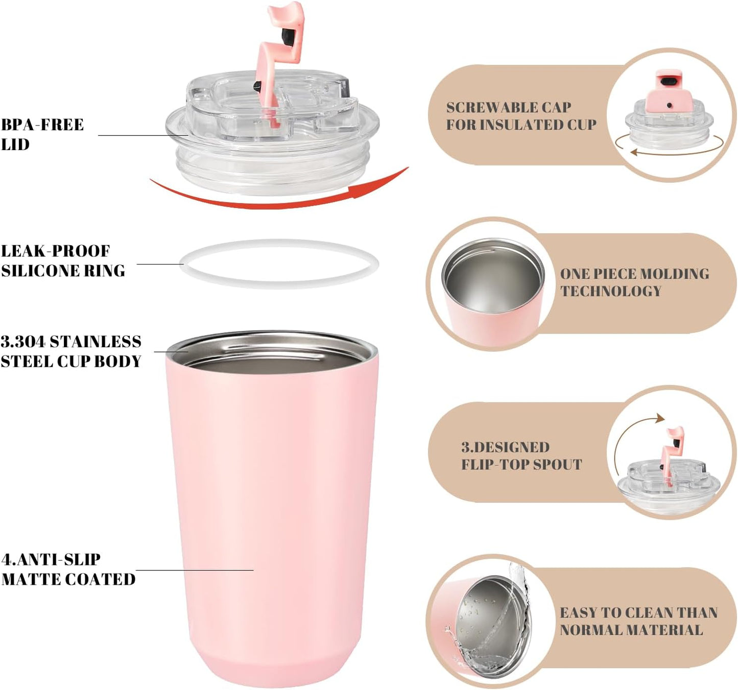 14 oz Insulated Stainless Steel Tumblers with Lid | Travel Coffee Mug Vacuum Cup, Leak Proof Reusable Double Walled Coffee Tumbler for Iced and Hot Drinks, Cream