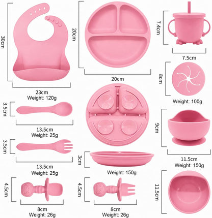 Baby Feeding Set, Silicone Baby Feeding Set with Suction Bowls, Divided Plates, Adjustable Bib, Baby Utensils Spoons, Forks & Cup Complete Baby Eating & Weaning Essentials (Pink)
