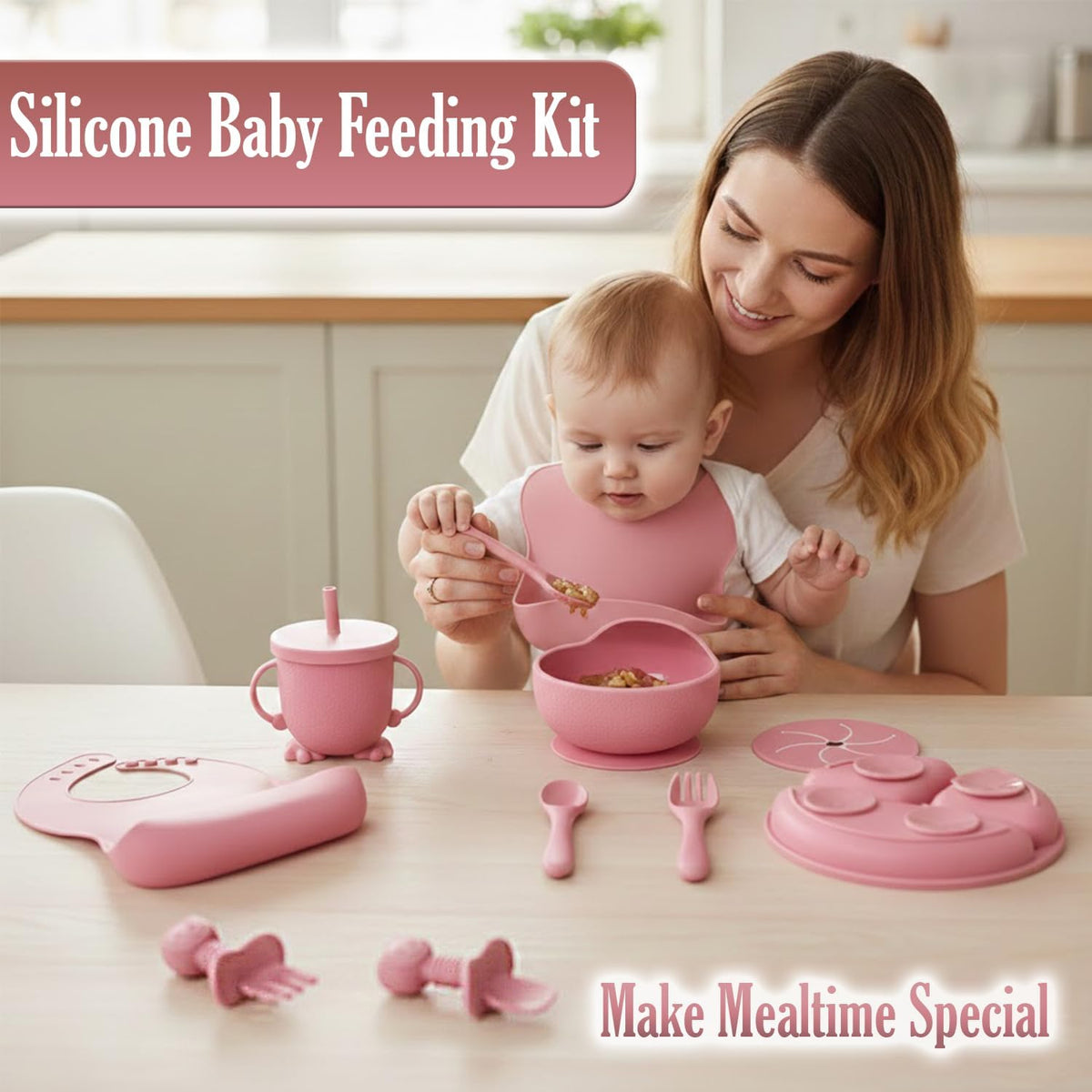 Baby Feeding Set, Silicone Baby Feeding Set with Suction Bowls, Divided Plates, Adjustable Bib, Baby Utensils Spoons, Forks & Cup Complete Baby Eating & Weaning Essentials (Pink)