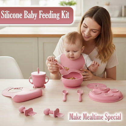 Baby Feeding Set, Silicone Baby Feeding Set with Suction Bowls, Divided Plates, Adjustable Bib, Baby Utensils Spoons, Forks & Cup Complete Baby Eating & Weaning Essentials (Pink)