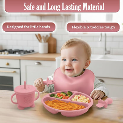 Baby Feeding Set, Silicone Baby Feeding Set with Suction Bowls, Divided Plates, Adjustable Bib, Baby Utensils Spoons, Forks & Cup Complete Baby Eating & Weaning Essentials (Pink)