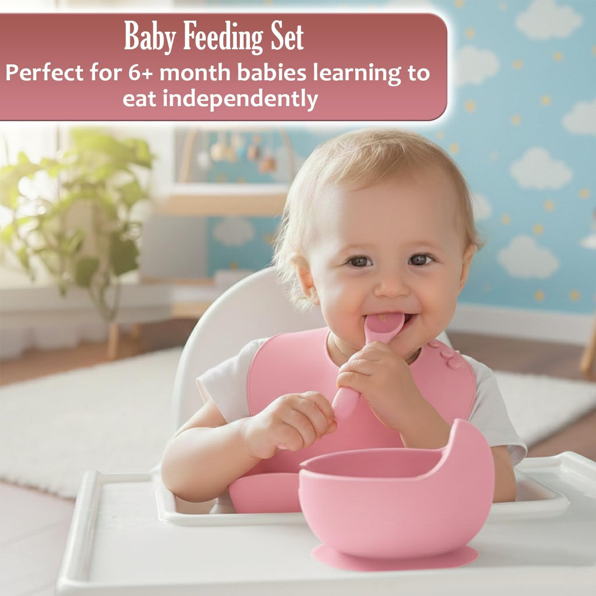 Baby Feeding Set, Silicone Baby Feeding Set with Suction Bowls, Divided Plates, Adjustable Bib, Baby Utensils Spoons, Forks & Cup Complete Baby Eating & Weaning Essentials (Pink)