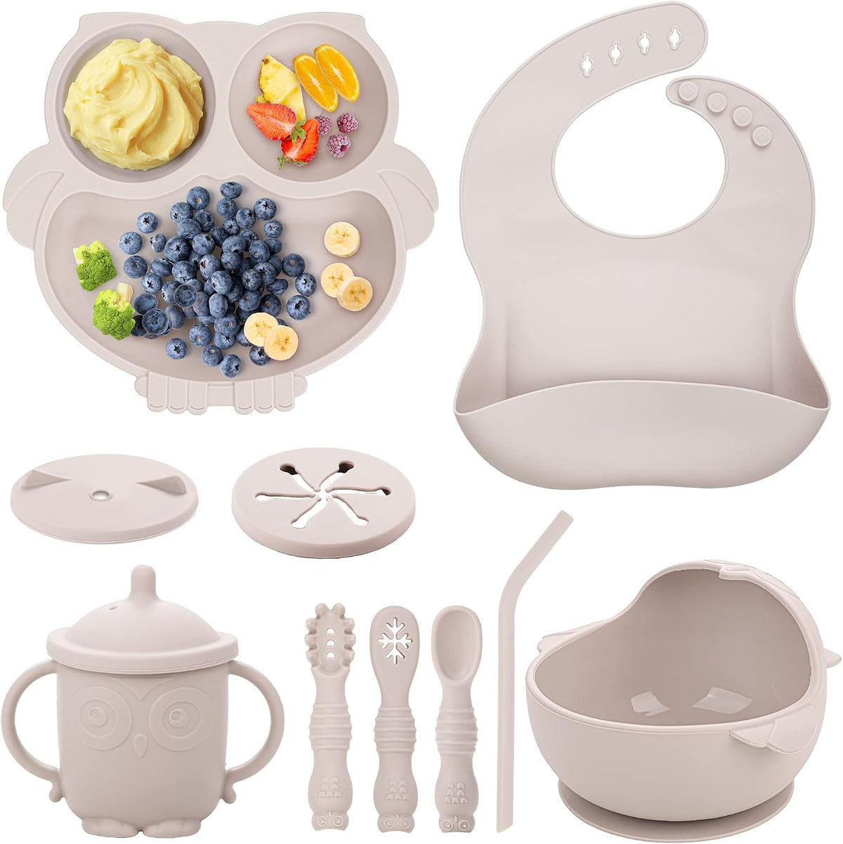 Baby Weaning Set, Silicone Feeding Set(10 Pcs), Toddler Set with Adjustable Bib, Suction Bowl, Plate, Fork, Spoon, Water & Snack Cup Kit, Led Kit for Babies, and Kids Green GJTZ-04