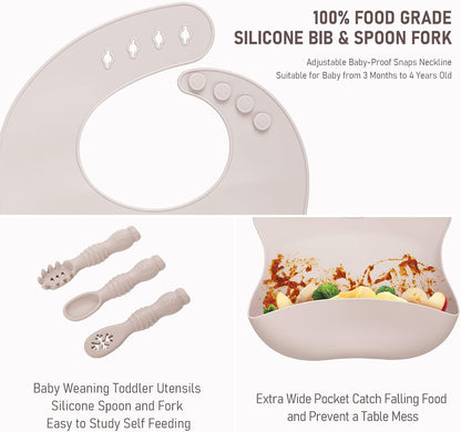 Baby Weaning Set, Silicone Feeding Set(10 Pcs), Toddler Set with Adjustable Bib, Suction Bowl, Plate, Fork, Spoon, Water & Snack Cup Kit, Led Kit for Babies, and Kids Green GJTZ-04