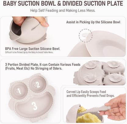 Baby Weaning Set, Silicone Feeding Set(10 Pcs), Toddler Set with Adjustable Bib, Suction Bowl, Plate, Fork, Spoon, Water & Snack Cup Kit, Led Kit for Babies, and Kids Green GJTZ-04