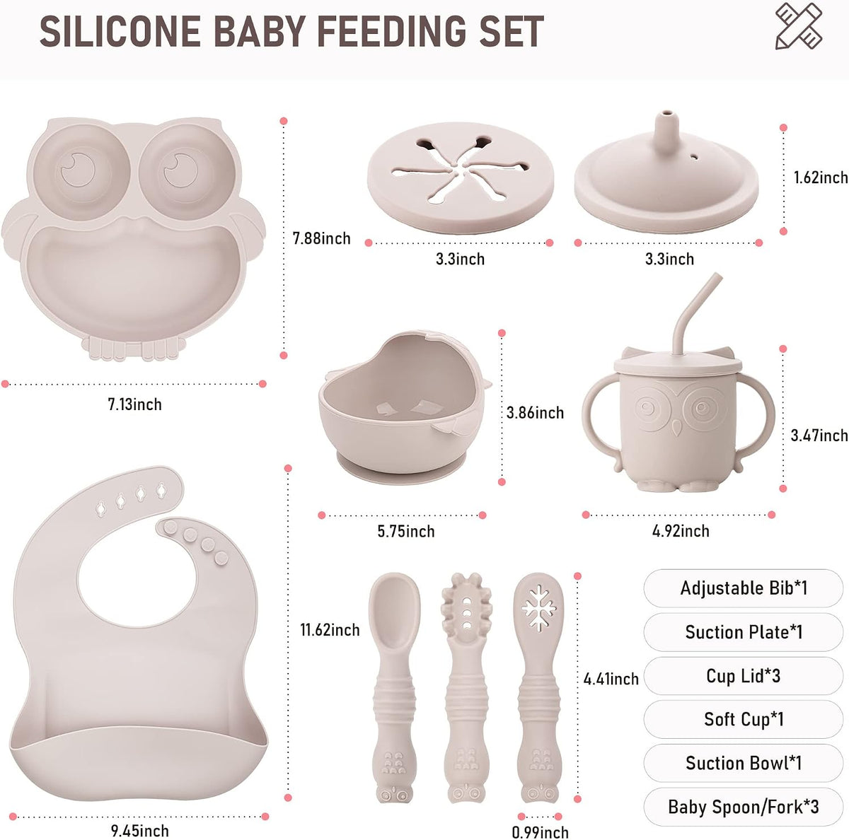 Baby Weaning Set, Silicone Feeding Set(10 Pcs), Toddler Set with Adjustable Bib, Suction Bowl, Plate, Fork, Spoon, Water & Snack Cup Kit, Led Kit for Babies, and Kids Green GJTZ-04