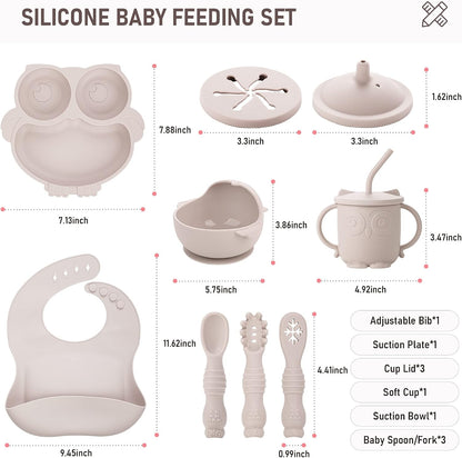 Baby Weaning Set, Silicone Feeding Set(10 Pcs), Toddler Set with Adjustable Bib, Suction Bowl, Plate, Fork, Spoon, Water & Snack Cup Kit, Led Kit for Babies, and Kids Green GJTZ-04