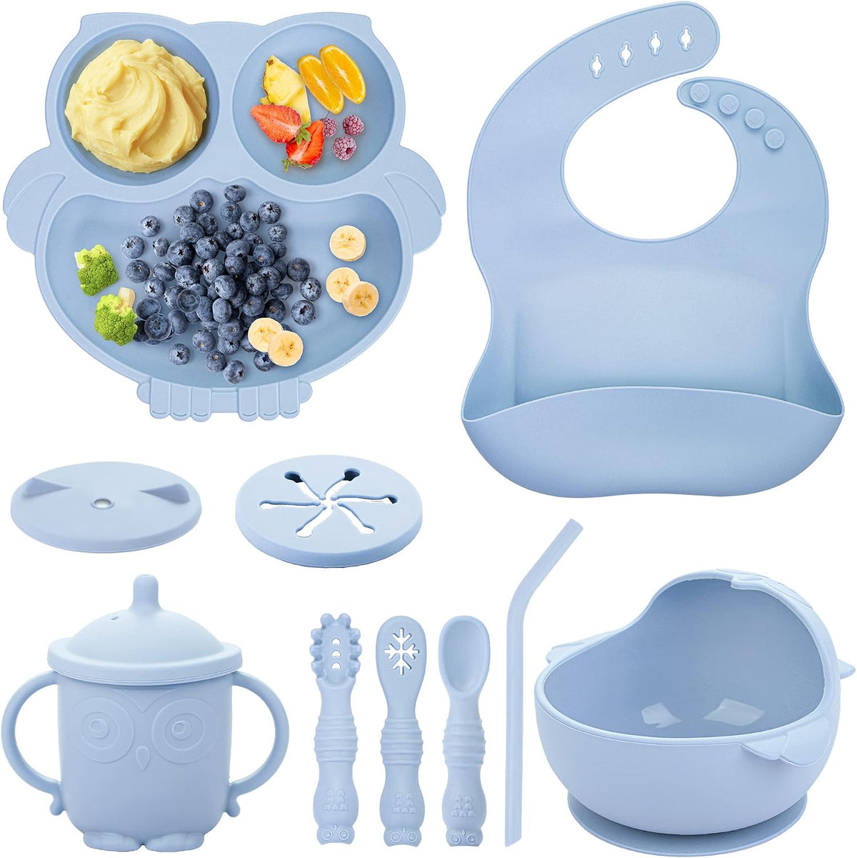 Baby Weaning Set, Silicone Feeding Set(10 Pcs), Toddler Set with Adjustable Bib, Suction Bowl, Plate, Fork, Spoon, Water & Snack Cup Kit, Led Kit for Babies, and Kids Green GJTZ-04