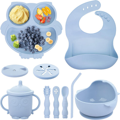 Baby Weaning Set, Silicone Feeding Set(10 Pcs), Toddler Set with Adjustable Bib, Suction Bowl, Plate, Fork, Spoon, Water & Snack Cup Kit, Led Kit for Babies, and Kids Green GJTZ-04