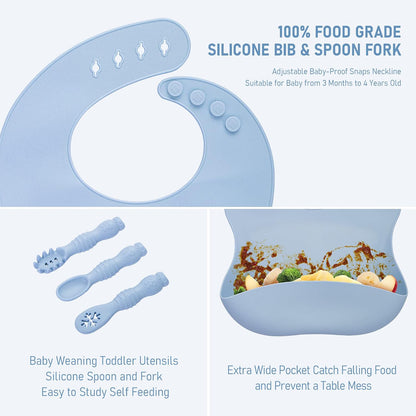 Baby Weaning Set, Silicone Feeding Set(10 Pcs), Toddler Set with Adjustable Bib, Suction Bowl, Plate, Fork, Spoon, Water & Snack Cup Kit, Led Kit for Babies, and Kids Green GJTZ-04