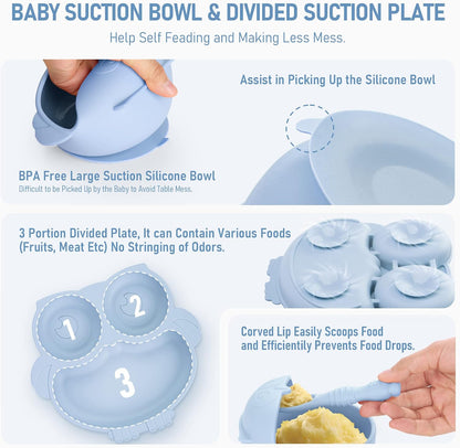 Baby Weaning Set, Silicone Feeding Set(10 Pcs), Toddler Set with Adjustable Bib, Suction Bowl, Plate, Fork, Spoon, Water & Snack Cup Kit, Led Kit for Babies, and Kids Green GJTZ-04