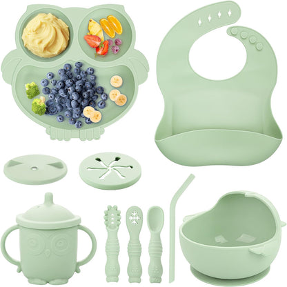 Baby Weaning Set, Silicone Feeding Set(10 Pcs), Toddler Set with Adjustable Bib, Suction Bowl, Plate, Fork, Spoon, Water & Snack Cup Kit, Led Kit for Babies, and Kids Green GJTZ-04