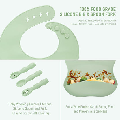 Baby Weaning Set, Silicone Feeding Set(10 Pcs), Toddler Set with Adjustable Bib, Suction Bowl, Plate, Fork, Spoon, Water & Snack Cup Kit, Led Kit for Babies, and Kids Green GJTZ-04