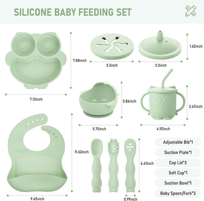 Baby Weaning Set, Silicone Feeding Set(10 Pcs), Toddler Set with Adjustable Bib, Suction Bowl, Plate, Fork, Spoon, Water & Snack Cup Kit, Led Kit for Babies, and Kids Green GJTZ-04