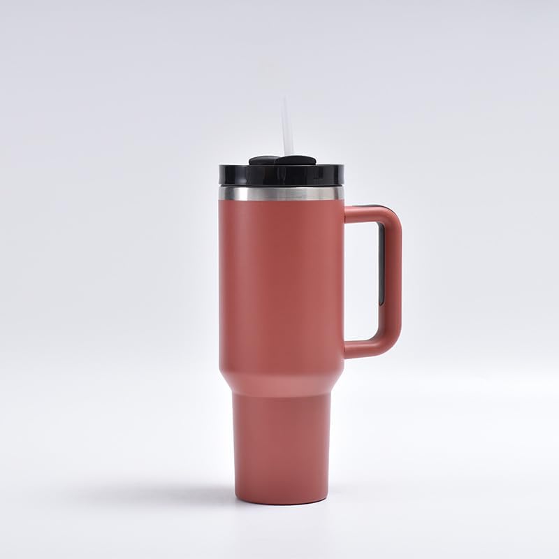 40oz Insulated Travel Mug Tumbler With Handle and Straw,Stainless Steel Double Wall Vacuum Cup Keep Drink Cold and Hot (Brick-red#)