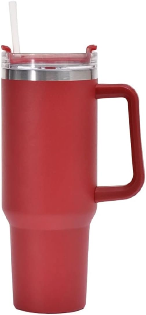 40oz Insulated Travel Mug Tumbler With Handle and Straw,Stainless Steel Double Wall Vacuum Cup Keep Drink Cold and Hot (Brick-red#)