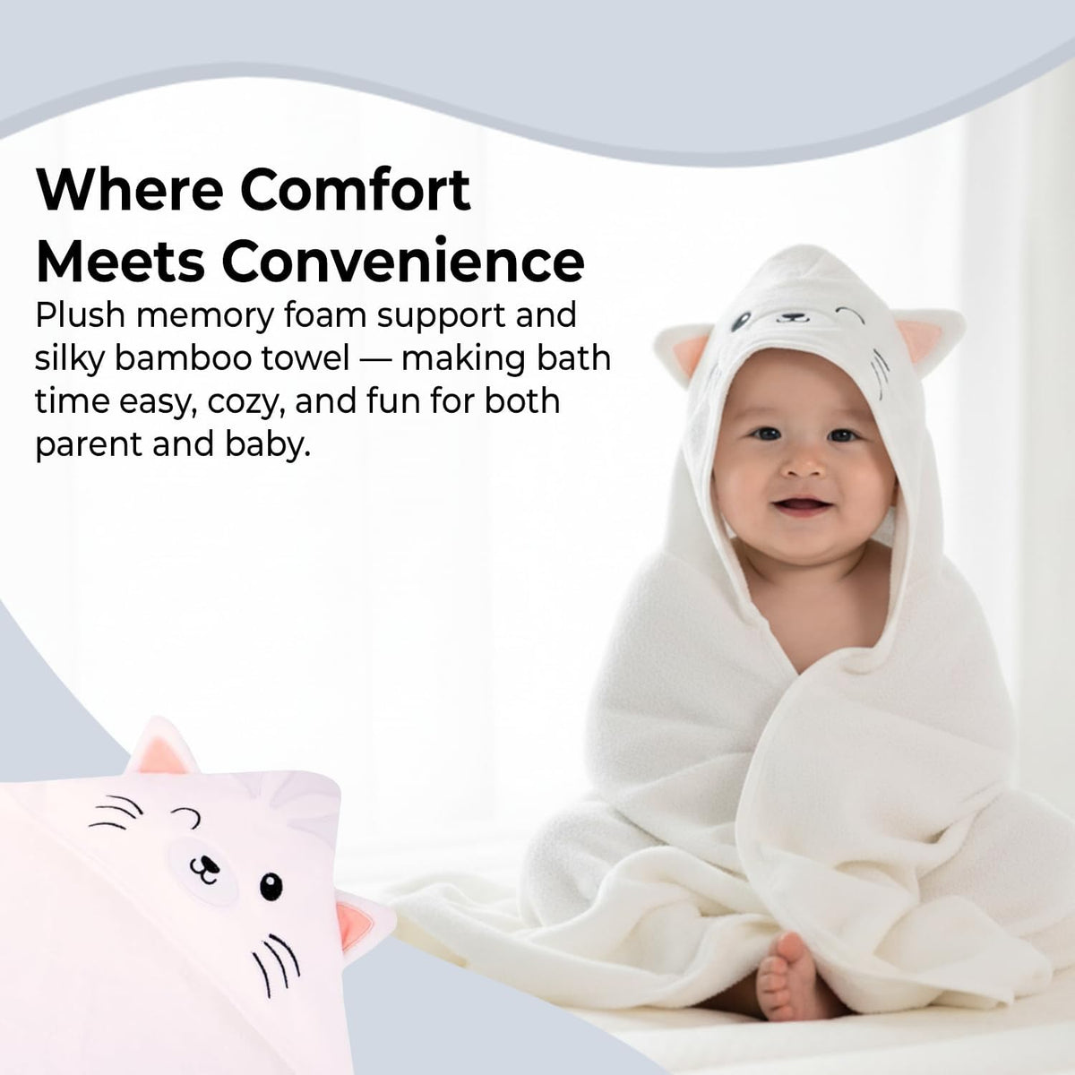 Blue Bath Kneeler & Elbow Rest Pad Set with Baby Bath Towel, Hooded, Cat