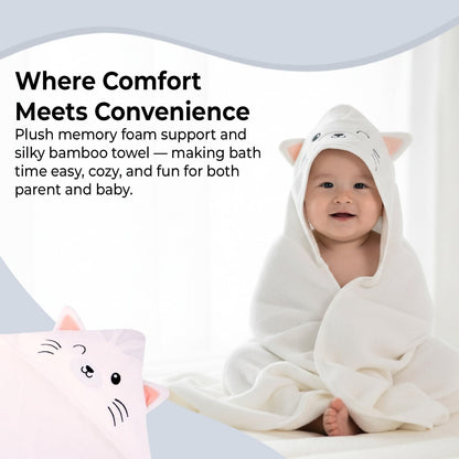 Blue Bath Kneeler & Elbow Rest Pad Set with Baby Bath Towel, Hooded, Cat