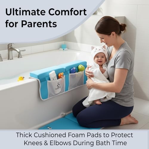 Blue Bath Kneeler & Elbow Rest Pad Set with Baby Bath Towel, Hooded, Cat