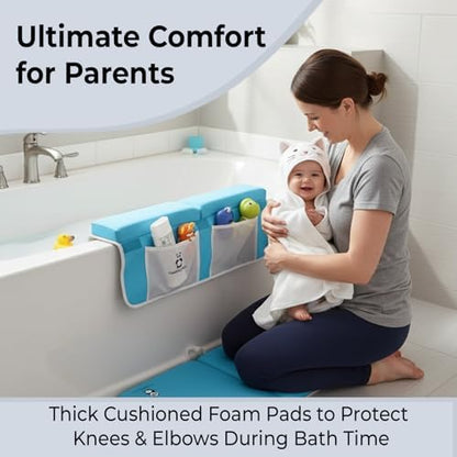 Blue Bath Kneeler & Elbow Rest Pad Set with Baby Bath Towel, Hooded, Cat