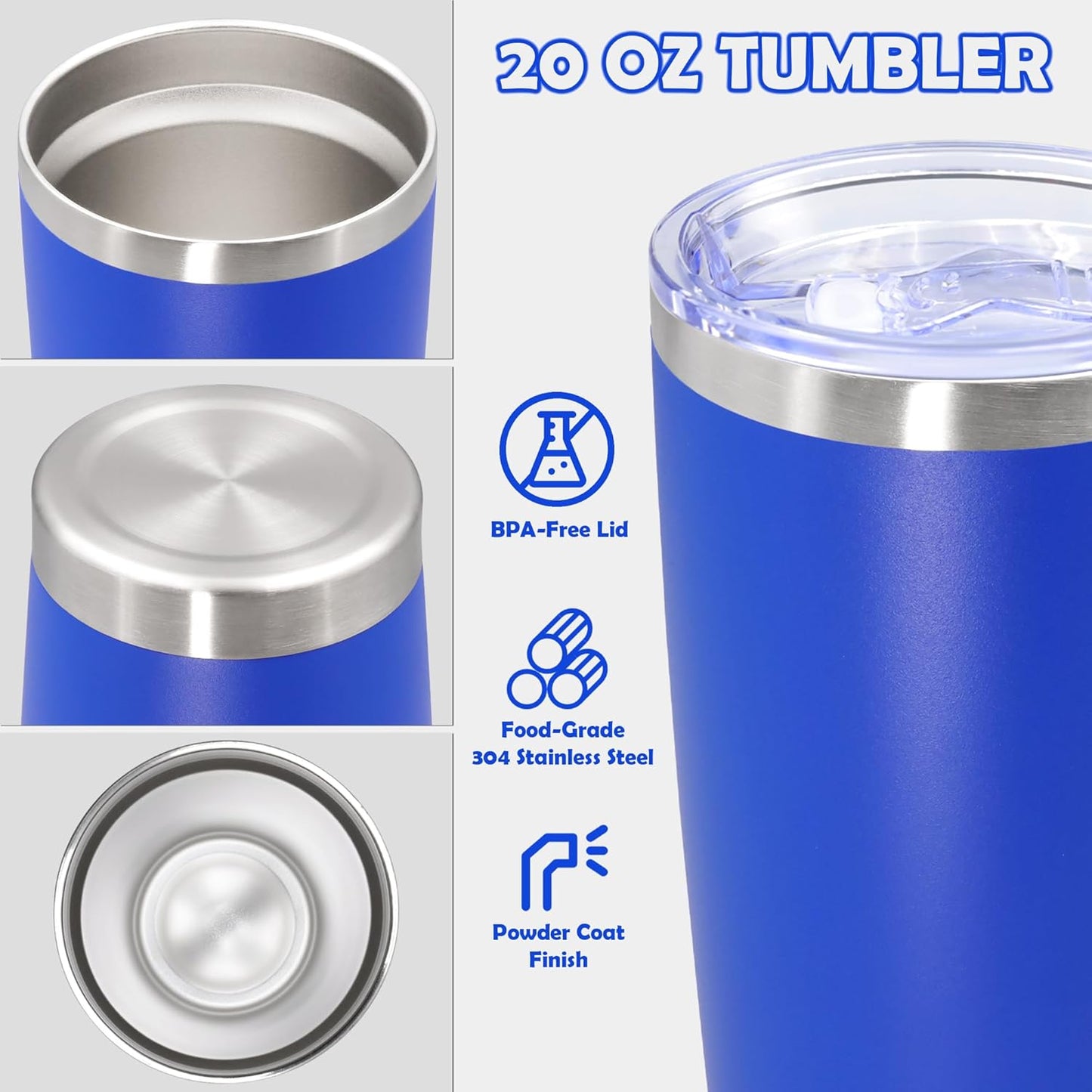 20oz Tumbler Stainless Steel Tumbler Coffee Tumbler with Lid SS, 4P | Vacuum Insulated Double Wall Travel Mug, Durable Powder Coated Coffee Mug, For Hot & Cold Drinks