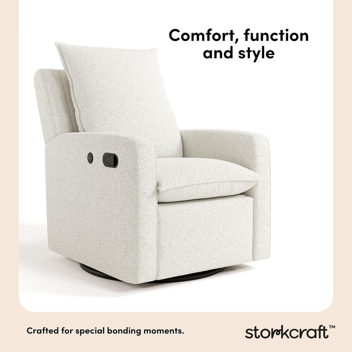 Timeless Recliner Glider with USB Charging Port, Ivory Boucle
