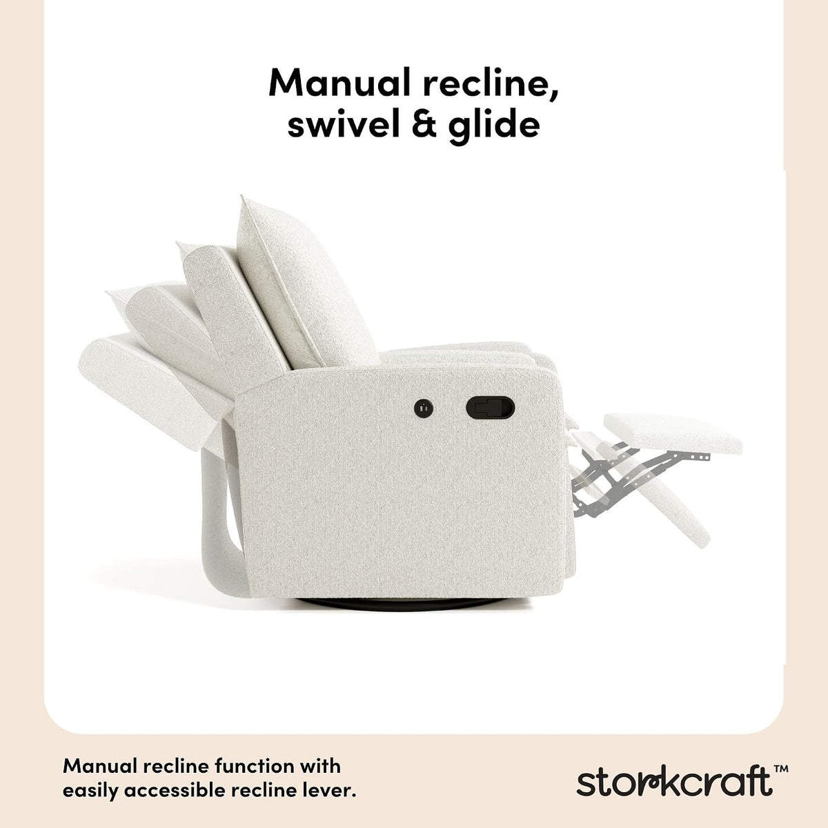 Timeless Recliner Glider with USB Charging Port, Ivory Boucle