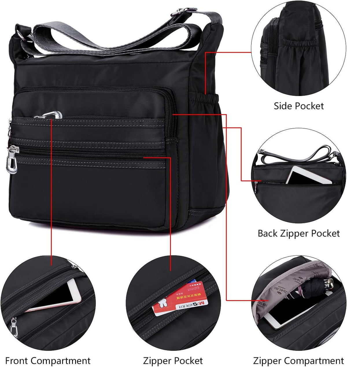 Crossbody Bag for Women Waterproof Shoulder Bag Multi Pockets Nylon Purse