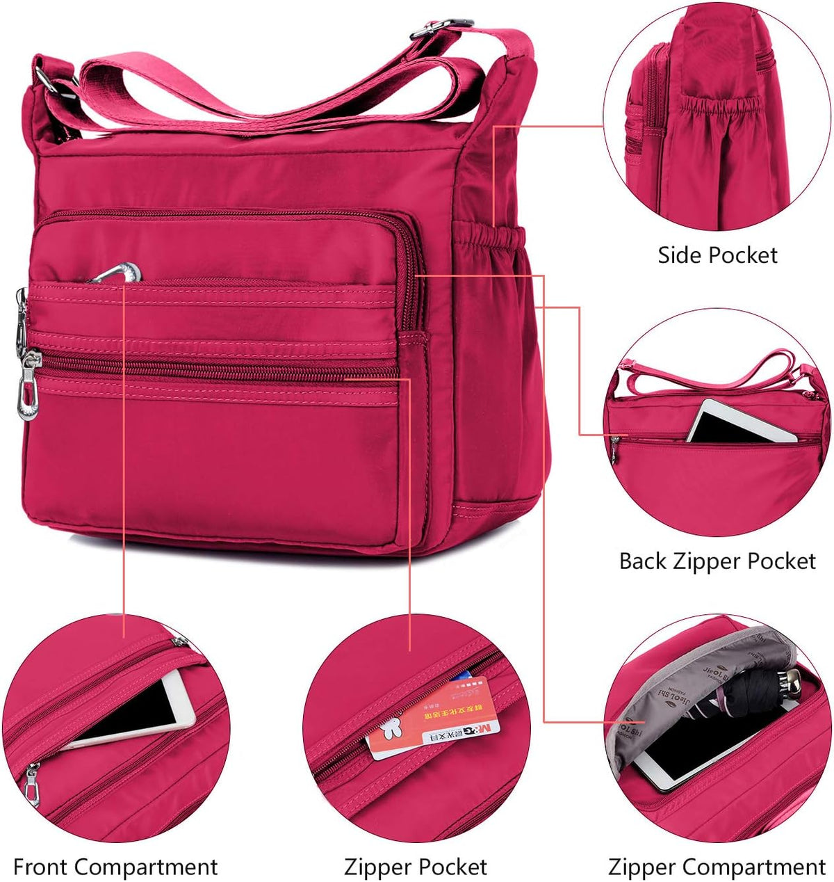 Crossbody Bag for Women Waterproof Shoulder Bag Multi Pockets Nylon Purse