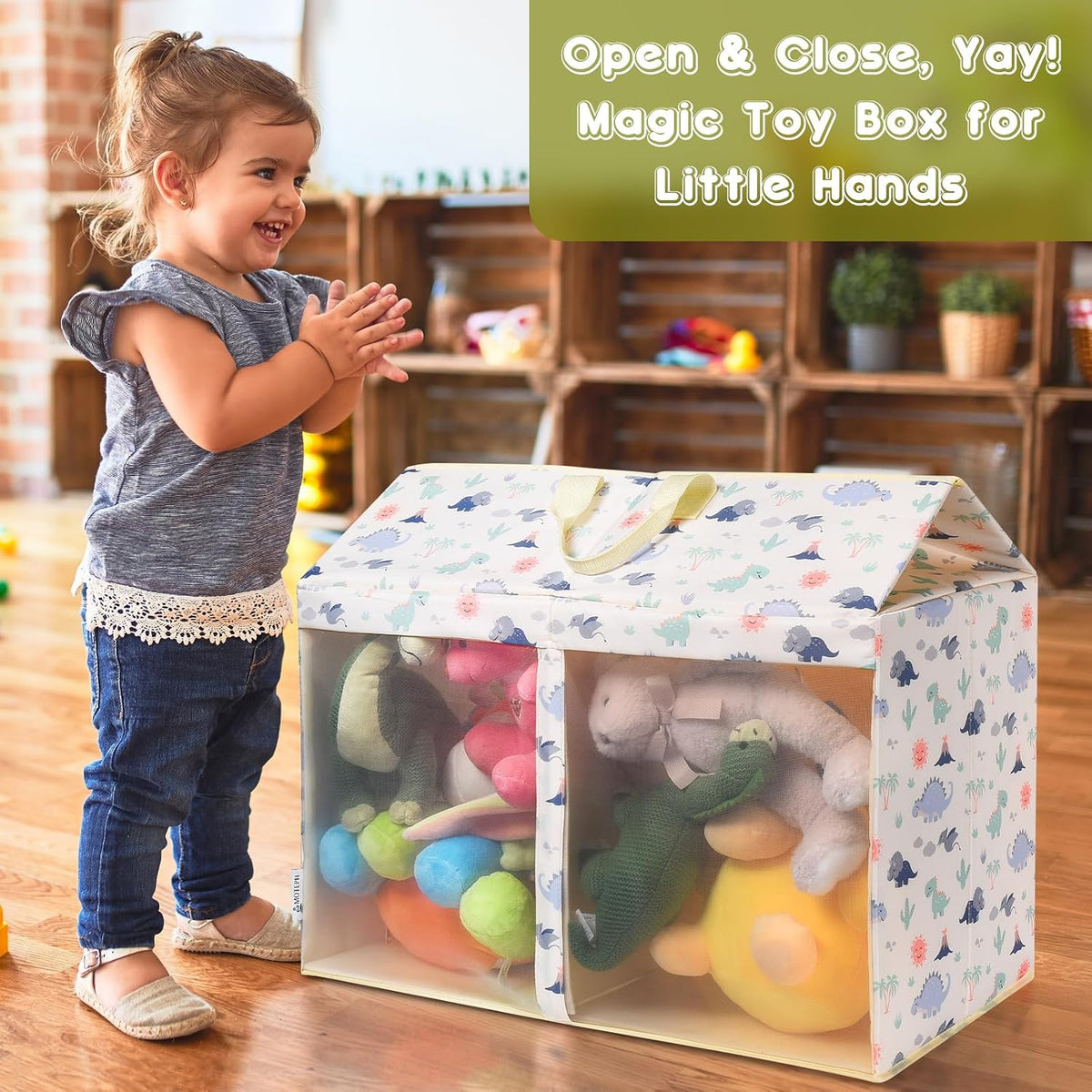 Toy Box with Lid, Collapsible Dinosaur Toy Chest with Mesh Window & Divider, Large Stuffed Animal Storage Bin for Playroom, Kids Room, Nursery Organization, Toy Bin for Boys & Girls